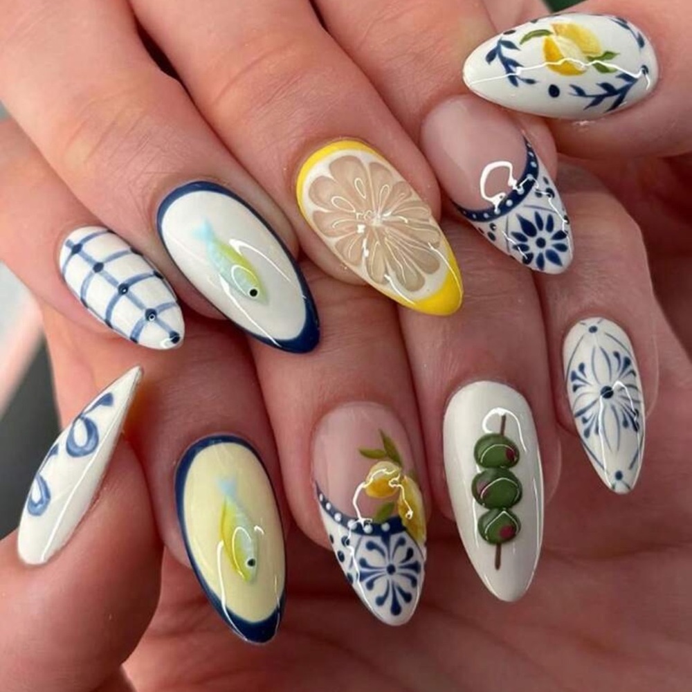 24pcs/Set French Almond Shaped 3D Gel Nail Stickers, Lemon, Cute Fish, Blue